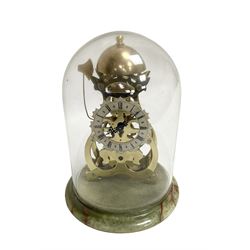 Thwaites & Reed - Small 20th century skeleton clock with a glass dome and stepped onyx base,  pierced movement frames with a silver chapter ring, Roman numerals, minute markers, and steel hands, domed brass bell with passing strike on the hour, with a lever platform escapement, wound and set from the rear. With key.