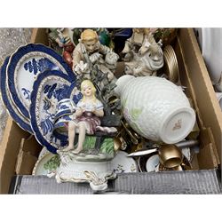 Quantity of ceramics, glassware and misc to include Belleek vase, grey Foo Dog soapstone figure, The Leonardo Collection figure, blue and white teawares, ceramic polychrome Foo dog figure, pair of ewers, tea wares, drinking glasses, etc in four boxes