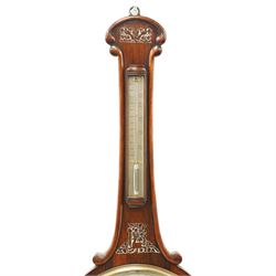 J. Somalvico & Co., Hatton Garden, London - early 19th century rosewood wheel barometer, the shaped banjo-form case inlaid in mother-of-pearl with foliate and animal motifs, incorporating a mercury thermometer above the circular silvered dial with weather indications, globe motif and brass bezel, signed 'J. Somalvico & Co.'