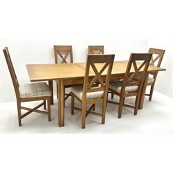 Light oak rectangular extending dining table , square supports (W220cm, H75cm, D91cm) and set six oak dining chairs, upholstered seat, square tapering supports (W46cm)