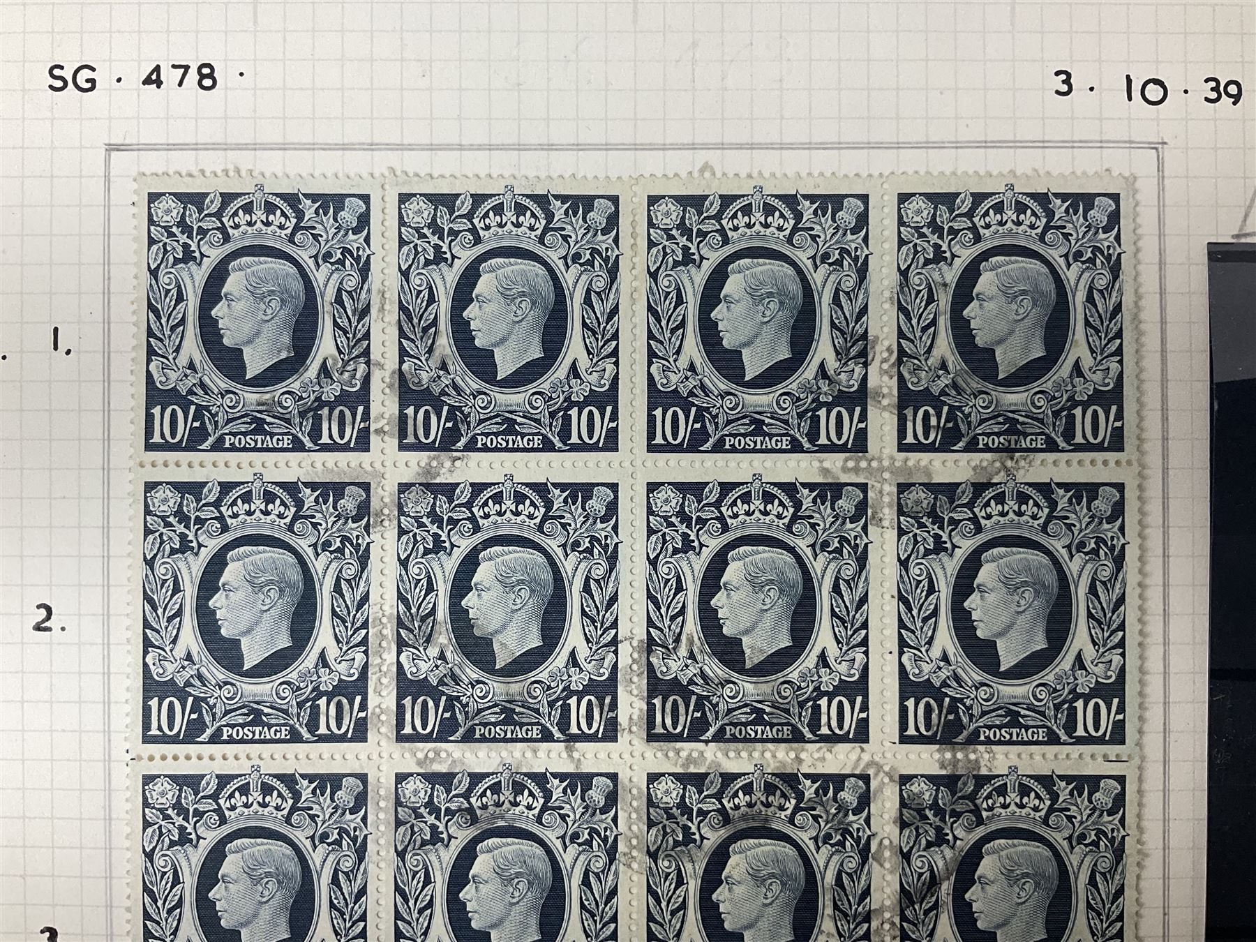 Queen Victoria and later Great British stamps, including five shillings, three pence block of four, block of twenty King George VI used ten shillings dark blue etc