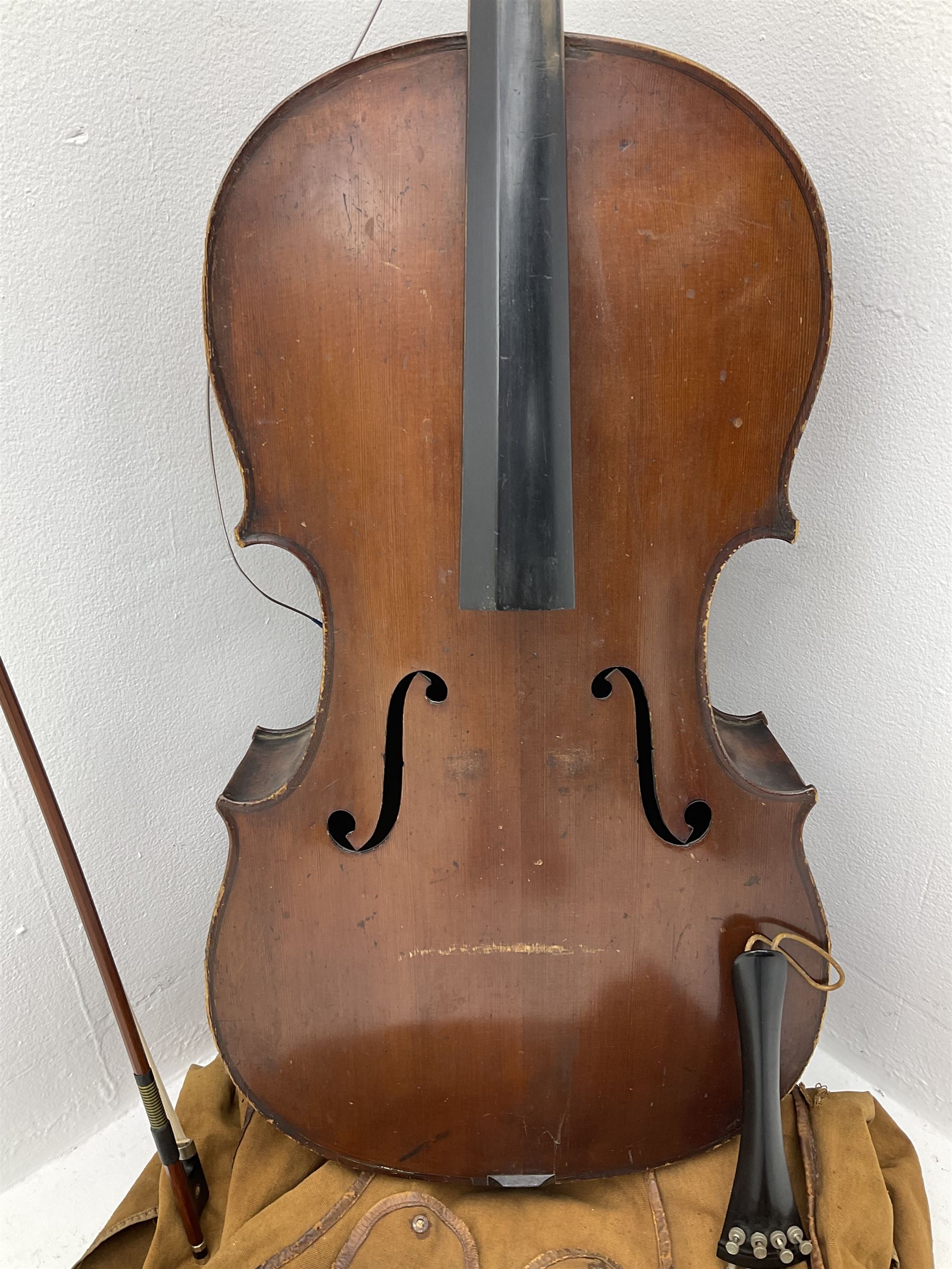 German Saxony three-quarter size cello for restoration, c1920, with 69cm two-piece maple back and ribs and two-piece spruce top, L111cm overall; with bow and canvas carrying case