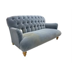 Tetrad - two seat sofa upholstered in baby blue buttoned fabric, on turned light beech front feet