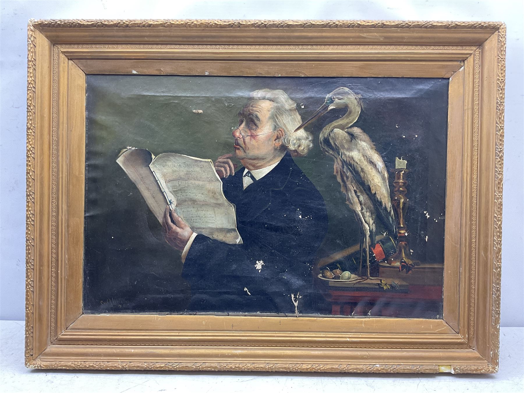 Cecil Ross Wheatley (British 1892-1967): The Lawyer's Bill, oil on canvas signed and dated 1912, label verso 50cm x 75cm