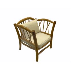 Rustic wood seat with loose cream cushions 
