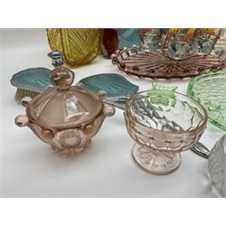 Swedish Svenskt Glass limited edition blue glass salmon, modelled by Paul Hoff, together with two vintage moulded coloured glass dressing table sets with jars and trays, spinning shot glass holder with abstract design glasses and an Art Deco vase, etc 