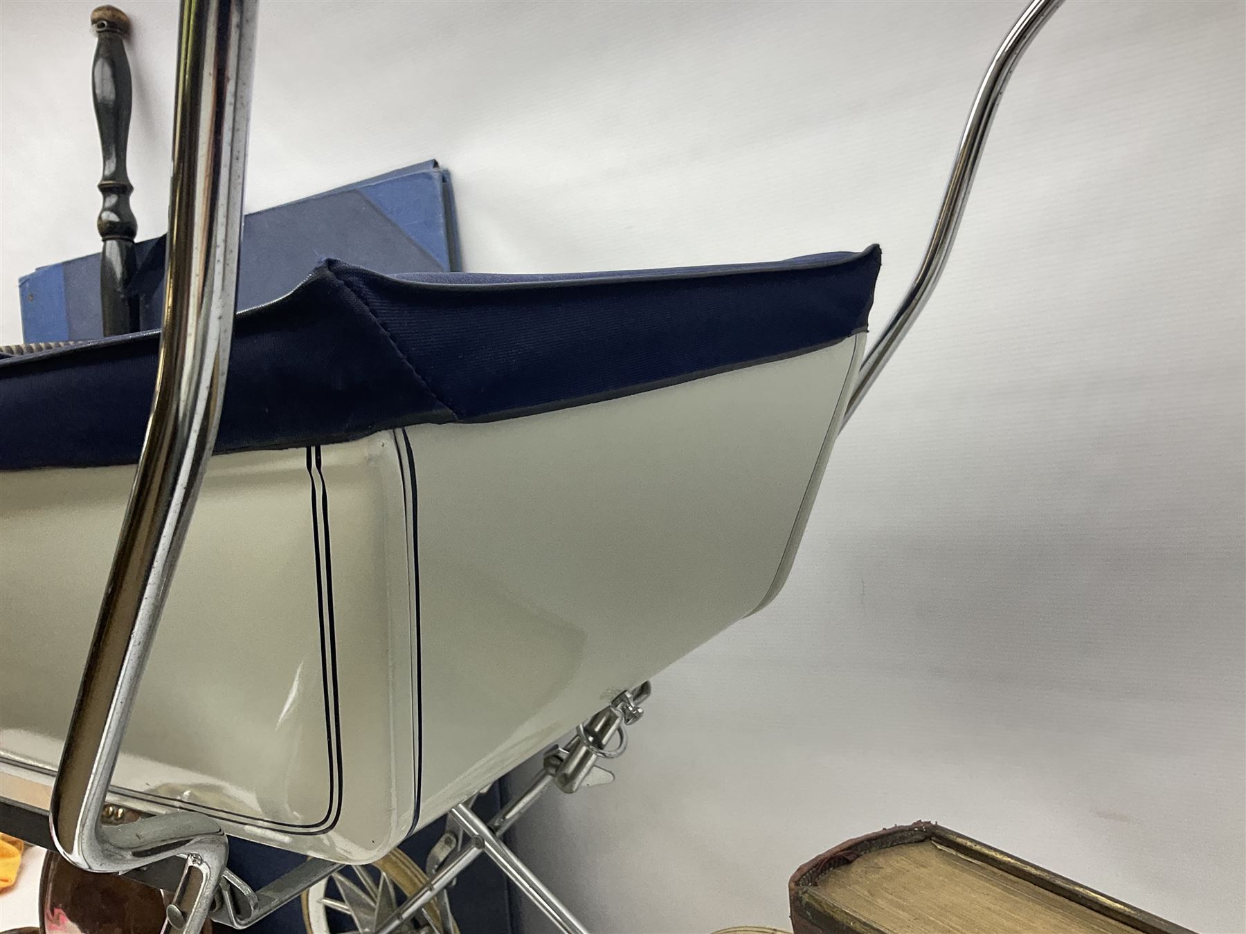 Silver Cross style dolls pram, copper warming pan with turned wooden handle, family Bible, Whitby Ordnance Survey maps etc, and a wooden barometer in the form of an anchor