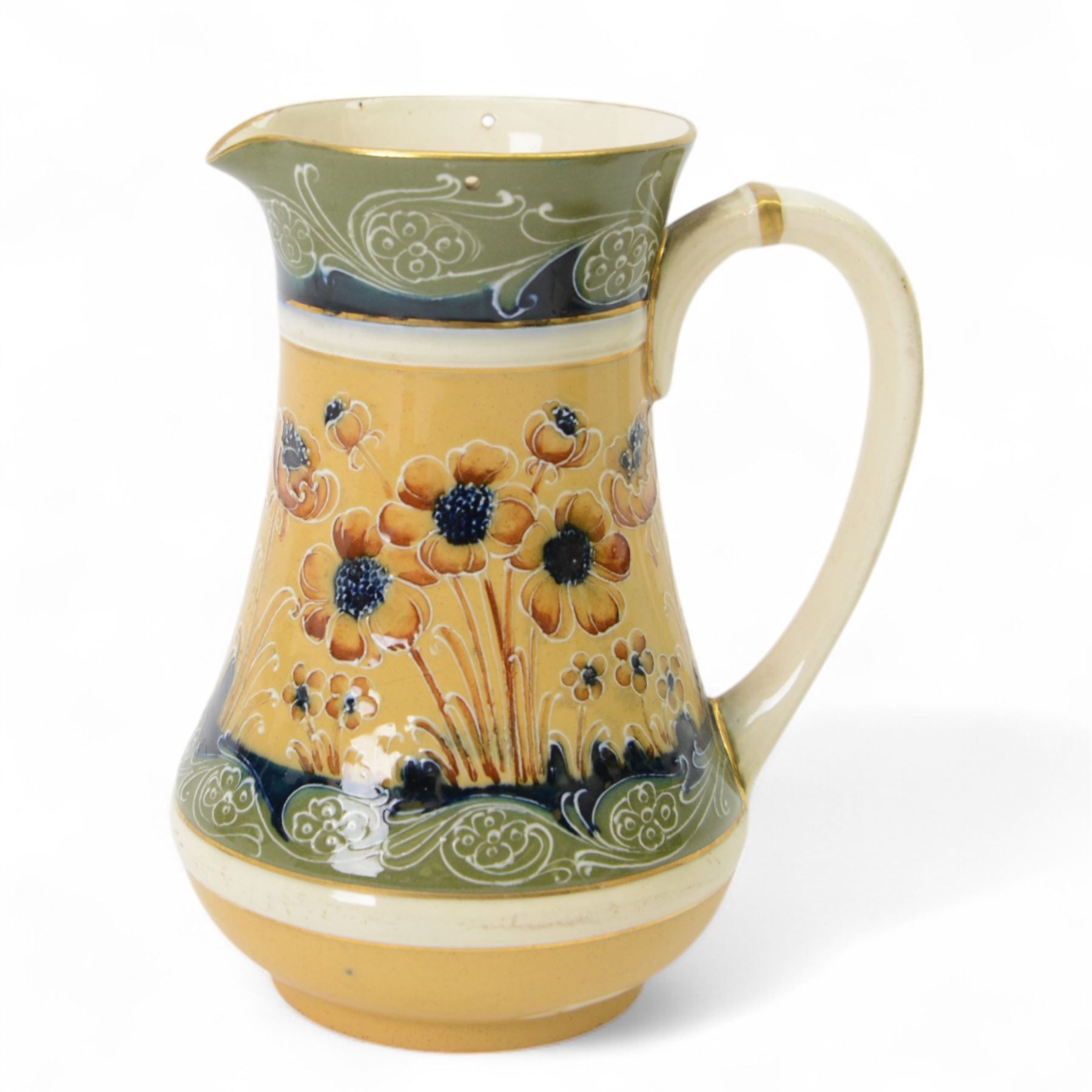 William Moorcroft for James Macintyre & Co Florian Ware tea service, in poppy pattern, comprising teapot, hot water jug, milk jug and open sucrier, all with printed mark beneath, teapot H12cm  