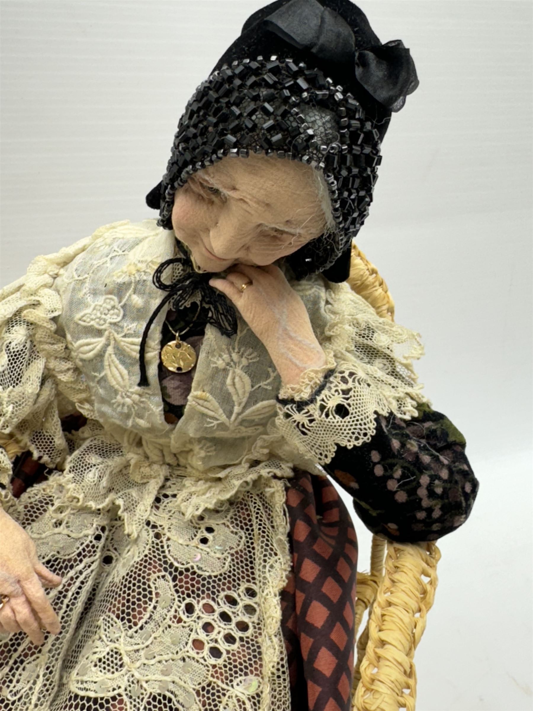 Anna Meszaros (Hungarian 1905-1998): 'My Great Granny', handmade needlework figurine, together with small plaster cast of a young boy by the same artist, granny H30cm
Auctioneer's Note: Anna Meszaros came to England from her native Hungary in 1959 to marry an English businessman she met while demonstrating her art at the 1958 Brussels Exhibition. Shortly before she left for England she was awarded the title of Folk Artist Master by the Hungarian Government. Anna was a gifted painter of mainly portraits and sculptress before starting to make her figurines which are completely hand made and unique, each with a character and expression of its own. The hands, feet and face are sculptured by layering the material and pulling the features into place with needle and thread. She died in Hull in 1998