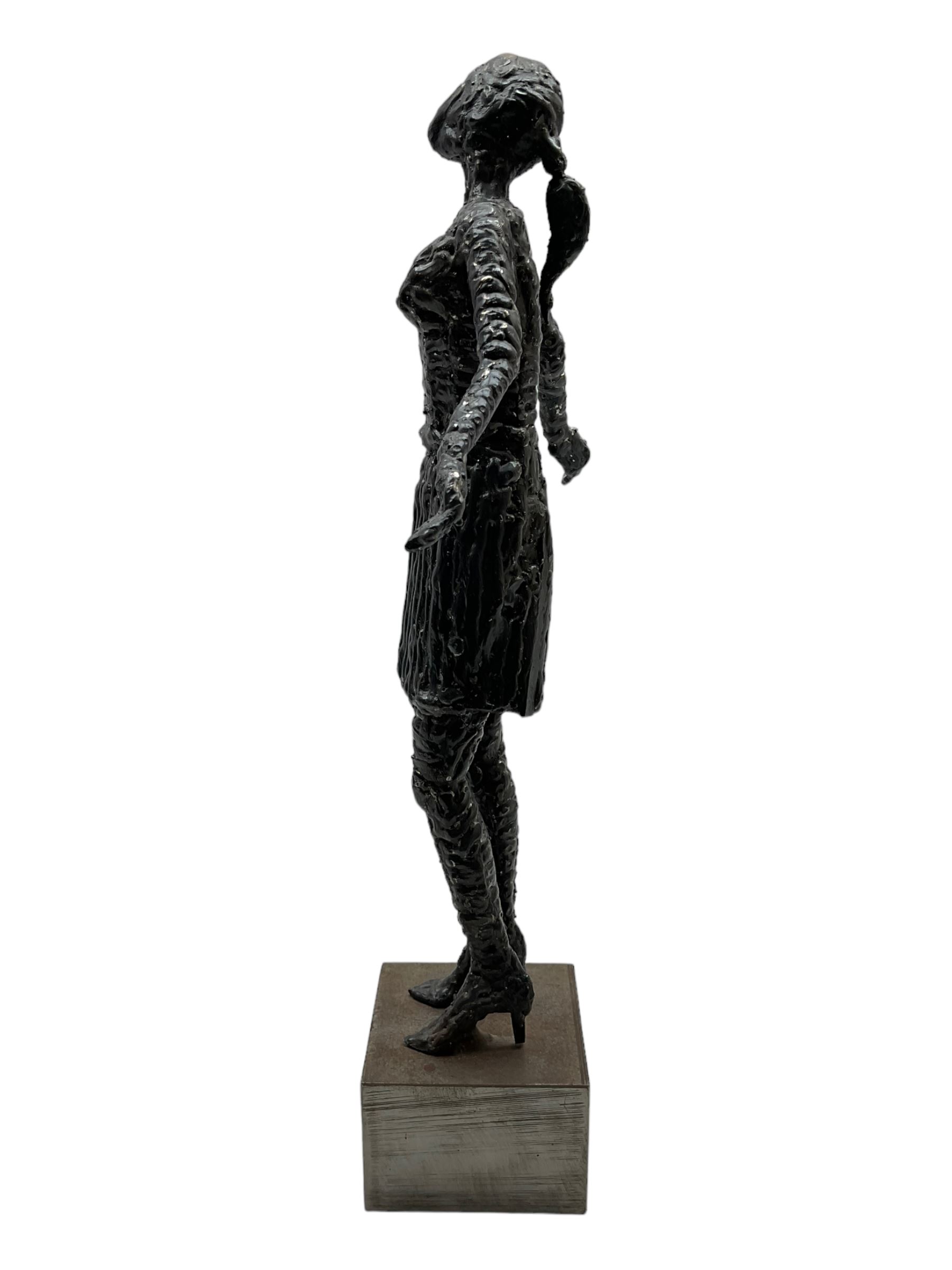 Ray Lonsdale (Northern British 1965-): 'The Ballad of Youths Farewell', steel statuette signed titled and dated 2010 to the base, H37cm including base 
Notes: originally a steel fabricator from Durham, sculpture had always been Ray’s passion, and after winning The People’s Award within the Hanging Jury Competition in Newcastle 2003, he now works as an artist full-time. He is best known for his large-scale public sculptures, such as 'Freddie Gilroy and the Belsen Stragglers' on Scarborough North Bay, 'The Tunney' on Scarborough Pier, 'The Smugglers Apprentice' on Merchants Row, and 'A High Tide in Short Wellies' on the Coble Landing Filey.