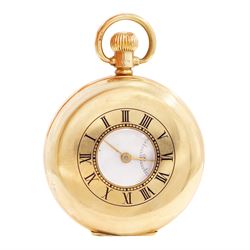 Early 20th century 9ct gold half hunter keyless lever pocket watch by Kenwell, white ename...