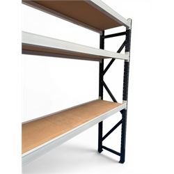 Two bays of Constructor warehouse racking with MDF boards