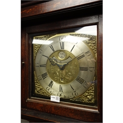  19th century oak longcase clock, square brass dial inscribeed Geo. Dent with faux moonphase & calendar, 30hr movement striking the hours on a bell, H194cm   