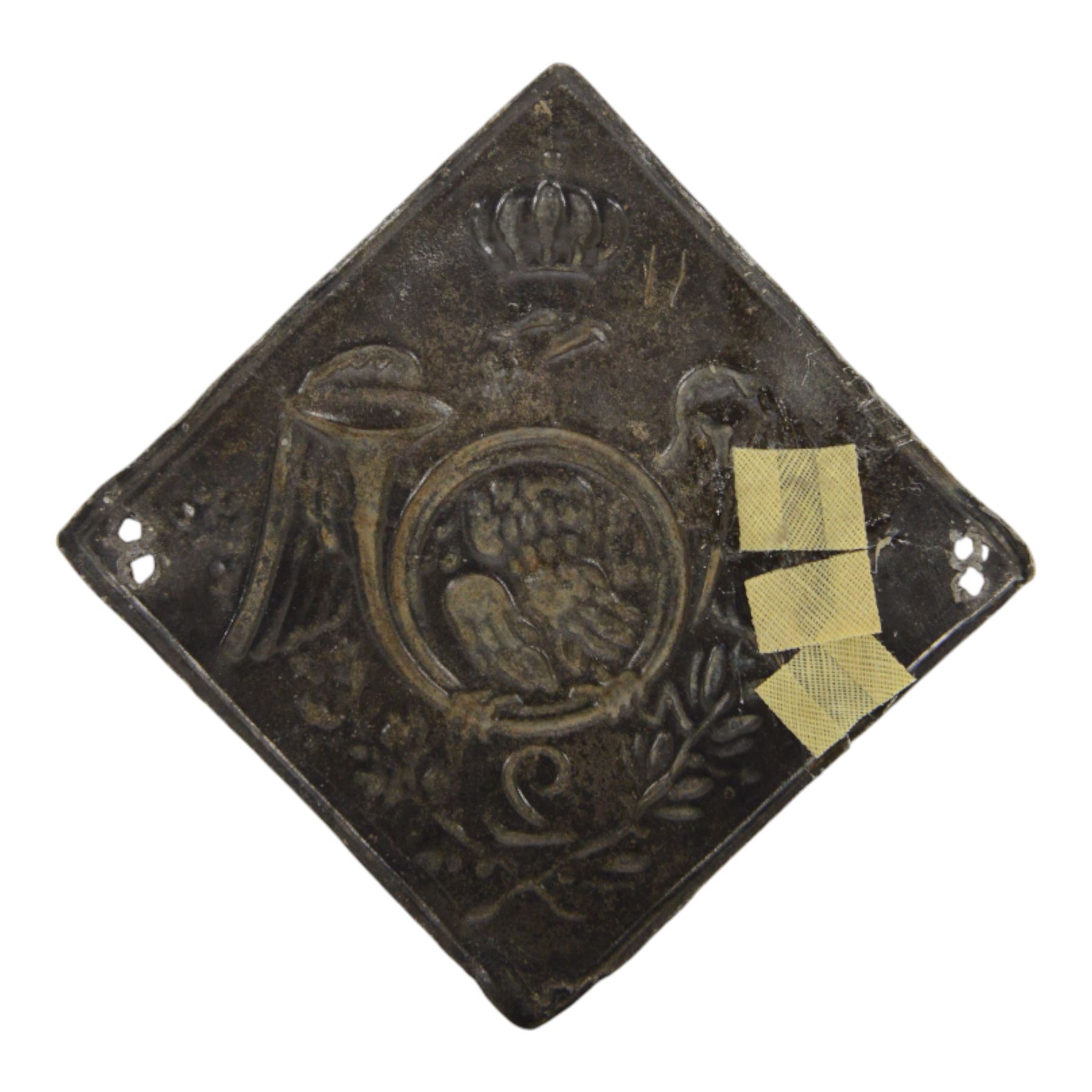 Napoleonic French 1804 Shako plate, 2nd Chasseurs,  the diamond plate with crowned Imperial eagle to the centre, H10cm 