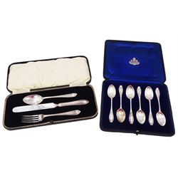  Set of six late Edwardian silver coffee spoons, each with embossed floral decoration and crown finials, hallmarked Josiah Williams & Co, London 1910, together with a modern silver cutlery set, comprising knife, fork and spoon, hallmarked Lee & Wigfull, Sheffield 1960, both contained within tooled leather fitted cases