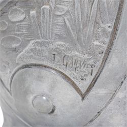 Jean Garnier (French 1853-1910): Pair of Art Nouveau cast metal vases, possibly spelter, of three handled form, cast in relief with panels of fairies, signed J. Garnier, H38cm 