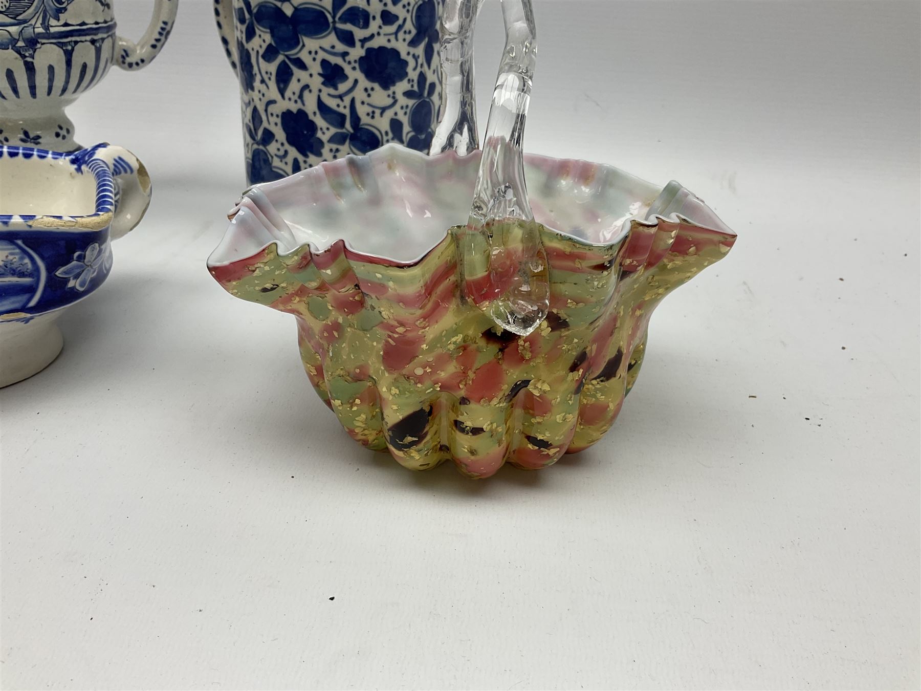 Wedgwood jasperware chamber candlestick, together with blue and white ceramic tankard, footed jug, art glass basket etc