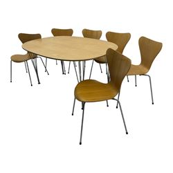 Piet Hein & Bruno Mathsson for Fritz Hansen - contemporary 'superellipse' dining table, oval beech top raised on four chrome supports; set of six Fritz Hansen butterfly-shaped chairs on tubular chrome supports