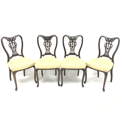 Set four late Victorian mahogany dining chairs, shaped, carved and pierced back, upholstered seat, cabriole legs, W45cm 