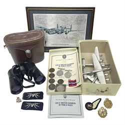 Second World War defence metal, together with pair of Swift Saratoga 8x40 binoculars in case, Great British Bombers of Wold War II models, collection of coins etc