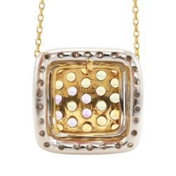 18ct gold multi gemstone set flower pendant necklace, white gold pendant pave set with citrine's, peridot's and amethyst's, surrounded by white sapphire's, on a yellow gold trace link chain necklace, both stamped