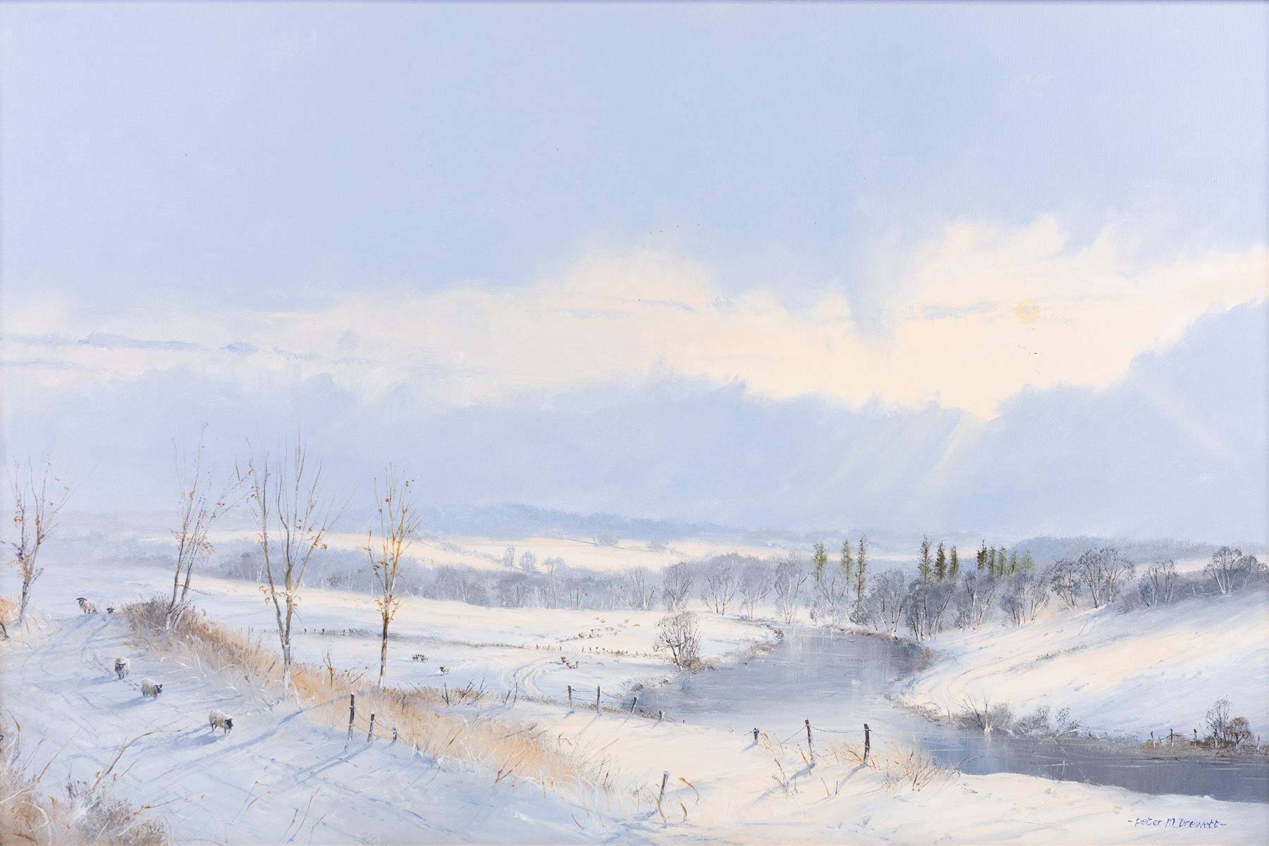 Peter M Drewett (British 1957-): 'Winter on the Forglen Estate - the Deveron', oil on canvas signed, titled verso 50cm x 75cm