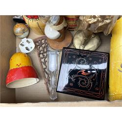 Quantity of clocks, figures, wood boxes and glassware etc in two boxes