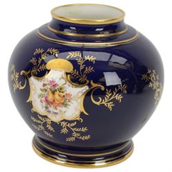 Pair of early 20th century Coalport vases, each of squat bulbous form, decorated with hand painted reserves of landscapes against a blue ground heightened with gilt, with printed marks beneath and numbered V5146 in gilt, H13cm, and a similar smaller example painted with a reserve of an exotic bird, numbered 5146, H11cm