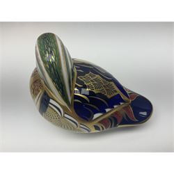 Royal Crown Derby paperweight, Carolina Duck, with gold stopper, together with Royal Crown Derby Old Imari pattern plate and two coffee cans, all with printed marks beneath