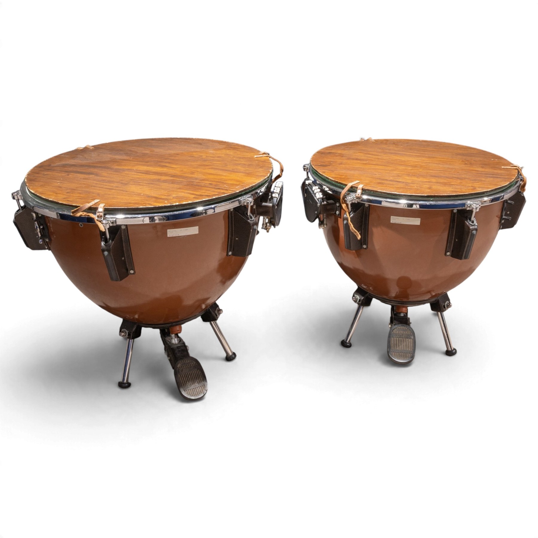 Pair of Adams Universal fibreglass pedal timpani, 29in and 26in, with Remo heads and tuning gauges, with mushroom covers
