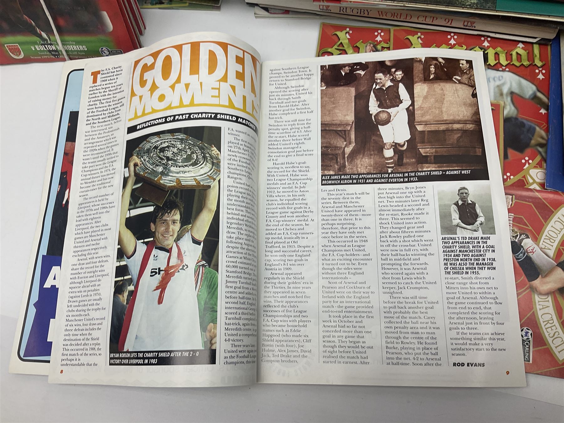 Quantity of mostly football programmes including Wimbledon vs Arsenal Saturday 5th September 1992, Arsenal FC vs Blackburn Rovers Saturday February 26th season 1993/94, Liverpool vs Arsenal Saturday 2nd October 1993, The F.A. Charity Shield Arsenal vs Manchester United 7th August 1993 etc