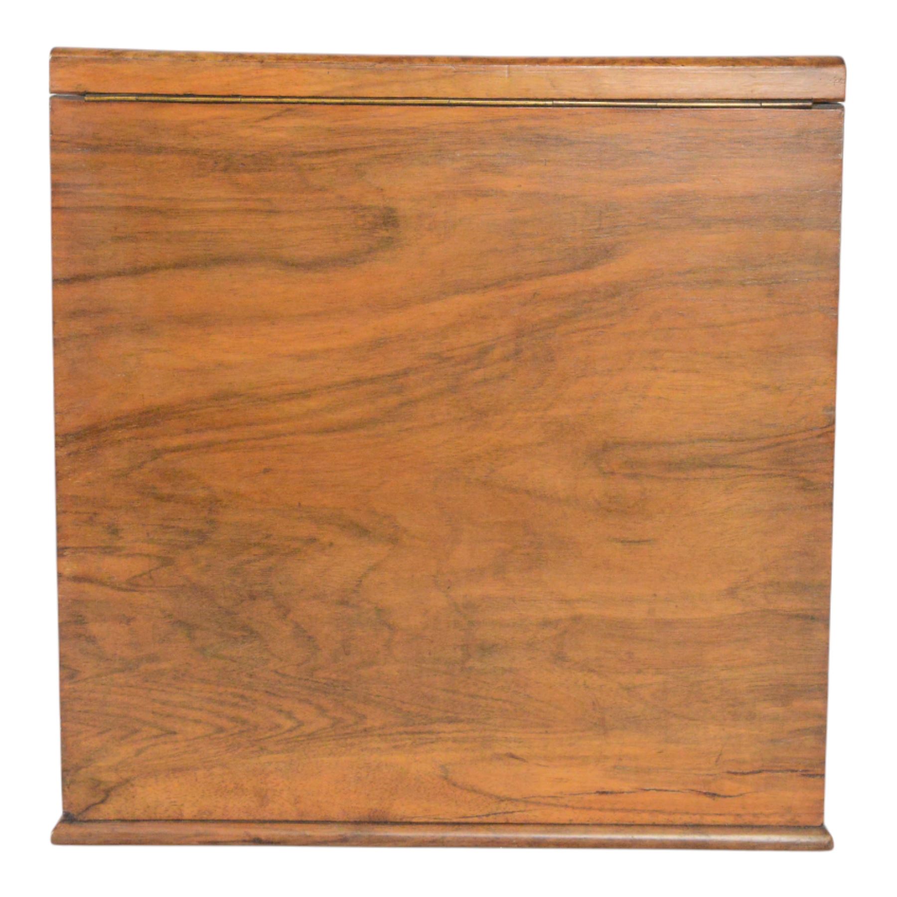 19th century burr walnut correspondence box, the sloped front opening to reveal a fitted interior with perpetual calendar, letter racks, and pen tray between two inkwell recesses, above a pull out draw with recessed brass handle, H41cm L40.5cm D28.5cm