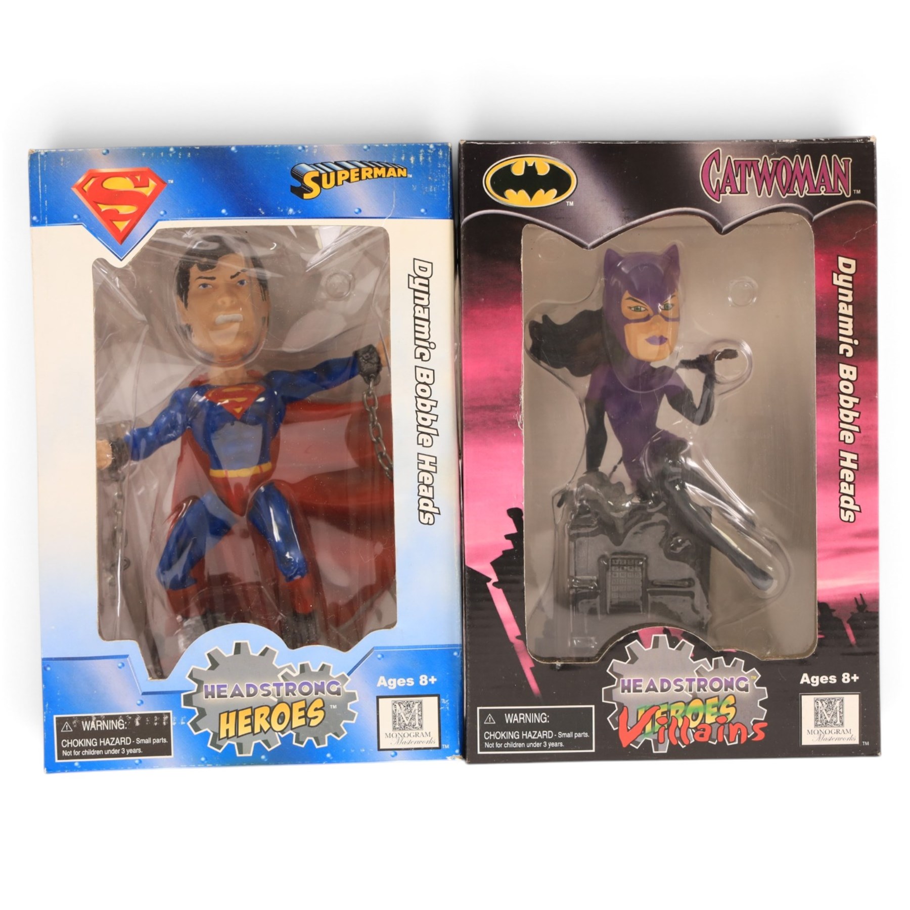 Four Monogram Headstrong Heroes bobble heads, comprising Superman, The Riddler, Catwoman and Robin, together with a DC Direct Deluxe Action Figure Set, DC DIrect Hush The Riddler figure and a Mattel Batman & Superman figure pack, all boxed