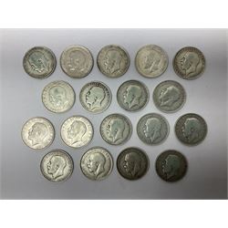 Eighteen King George V pre 1920 silver one florin coins, dated 1911, seven 1912, two 1913 and eight 1914, approximately 200 grams