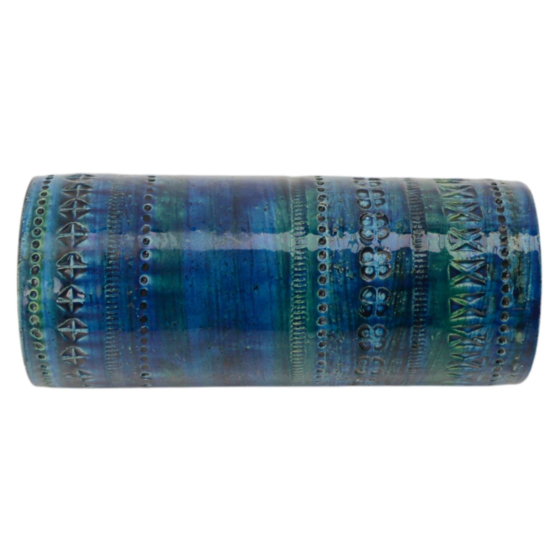 Bitossi pottery Rimini Blu vase, 1970s, designed by Aldo Londi, of cylindrical form, with impressed details, with painted marks beneath, H18cm