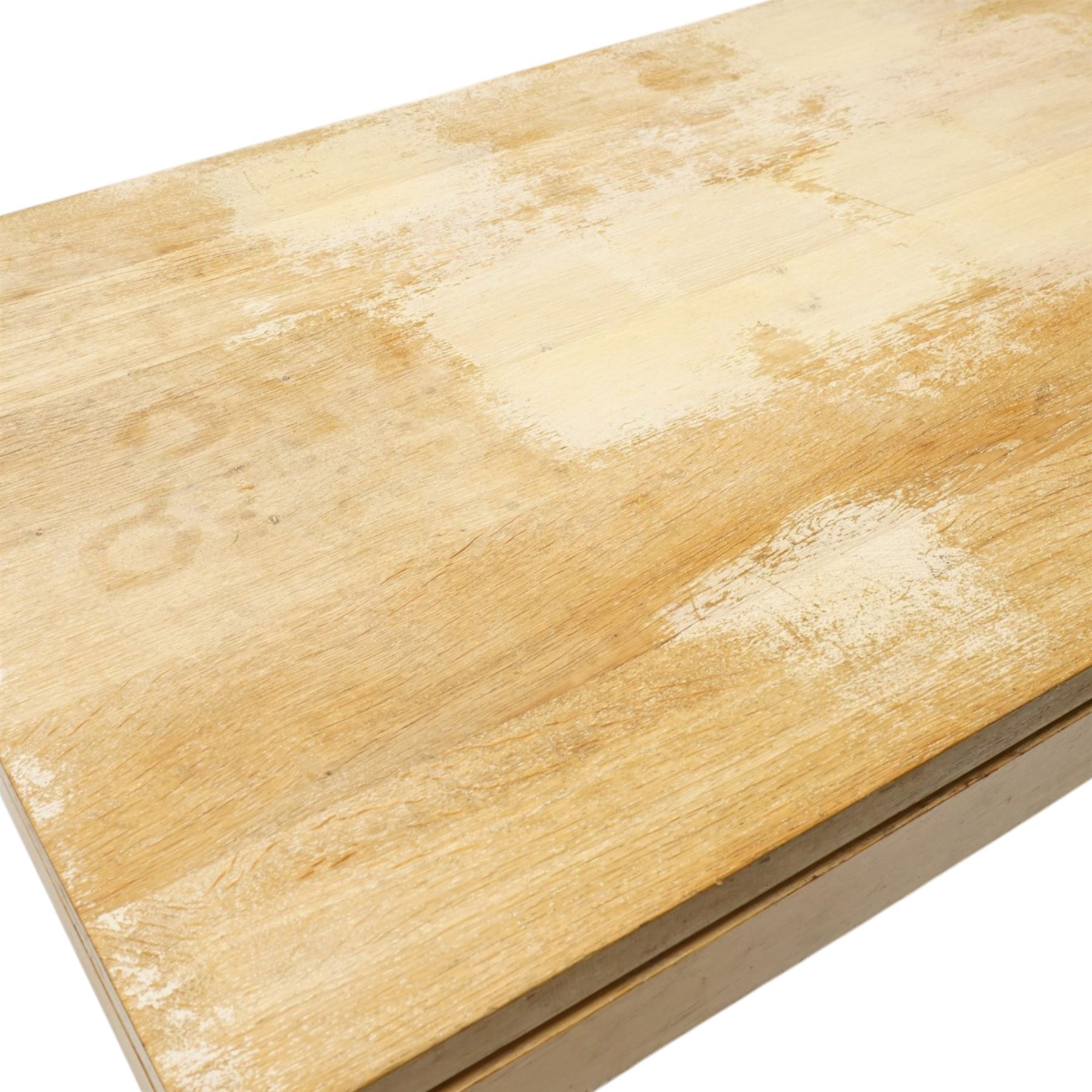 Late 20th century solid light oak refectory style dining table, rectangular top raised on square supports united by stretcher (W180cm D100cm H81cm); Set of six light oak high-back dining chairs with burgundy leather seats (W49cm H109cm)