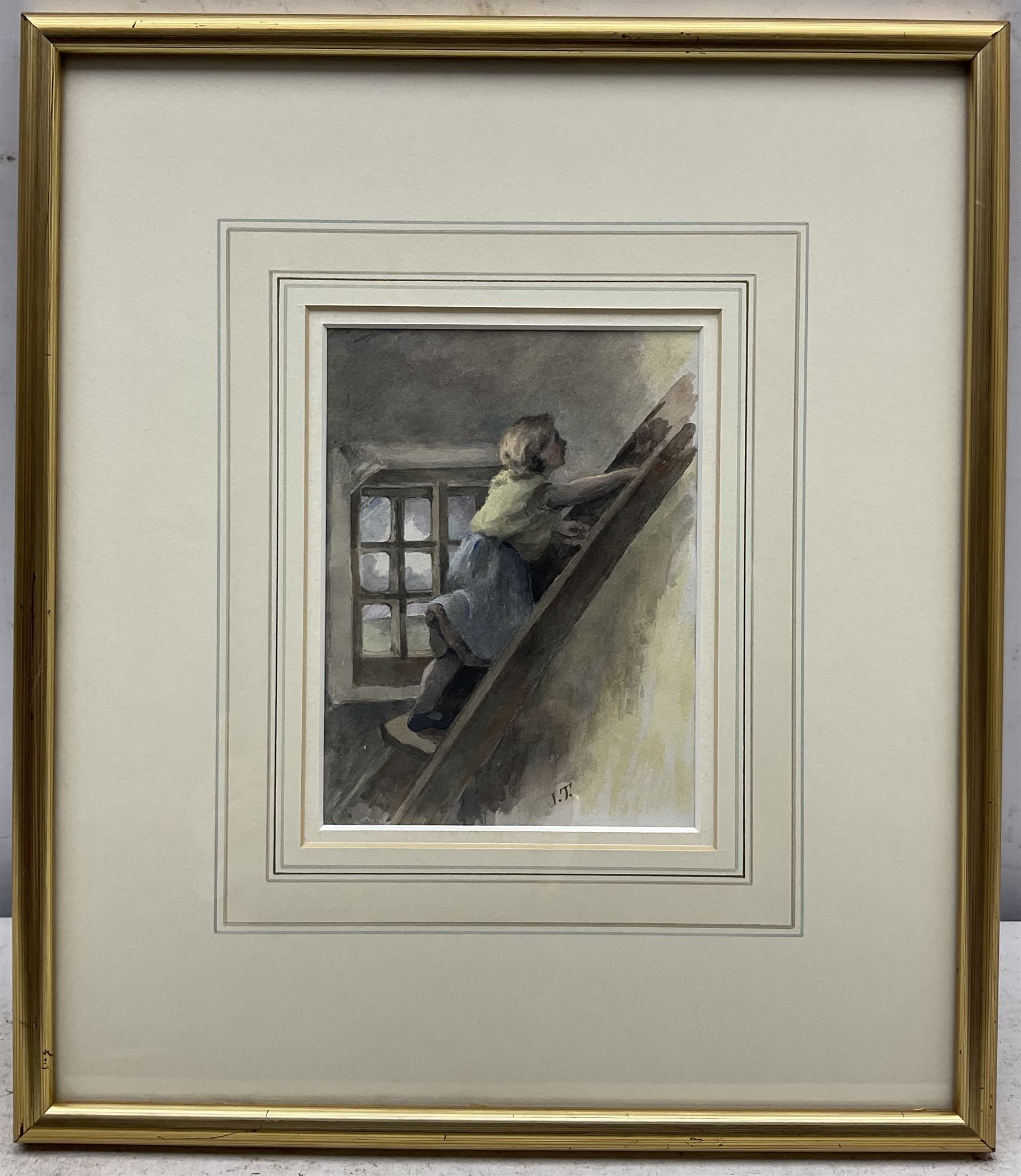 Isabella 'Isa' Jobling (nee Thompson) (Staithes Group 1851-1926): 'The Miller's Daughter' - Climbing the Ladder, watercolour signed with initials, titled on gallery label with artist's original address label verso 15cm x 11cm 
Provenance: exh. the Dean Gallery, Newcastle, January 1989, label verso 
Notes: one of three illustrations Isa painted for the Alfred Tennyson poem of the same titled. Painted after her marriage to Robert Jobling in 1893.
