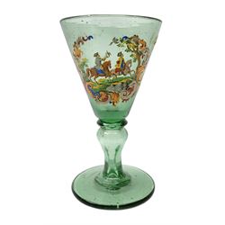 19th century bohemian green glass wine glass, the funnel bowl decorated in enamells with a Historismus hunting scene in the manner of Egermann & Lobmeyr, upon a baluster stem and circular foot, H14.5cm