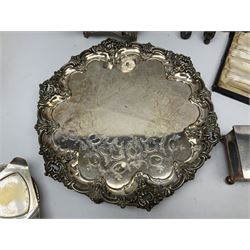 Collection of silver plate to include Aesthetic movement octagonal twin handled bowl, bottle coaster, footed bowl, dessert cutlery with fluted handles etc