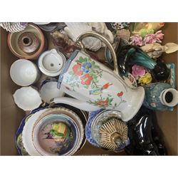 Assorted decorative ceramics, to include pair of Crown Ducal Ware vases decorated with birds upon a flowering branch, Oriental tea wares, various figures including a Capodimonte figure group of birds, etc., in two boxes 