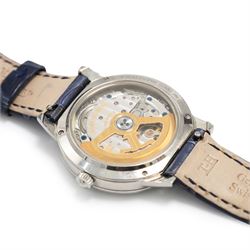 Jaeger-LeCoultre Rendez-Vous Night & Day ladies stainless steel diamond automatic wristwatch, Ref. 344.8.37.S, silvered dial with Arabic hour markers, on blue leather strap with fold-over clasp, boxed with original receipt dated 2019