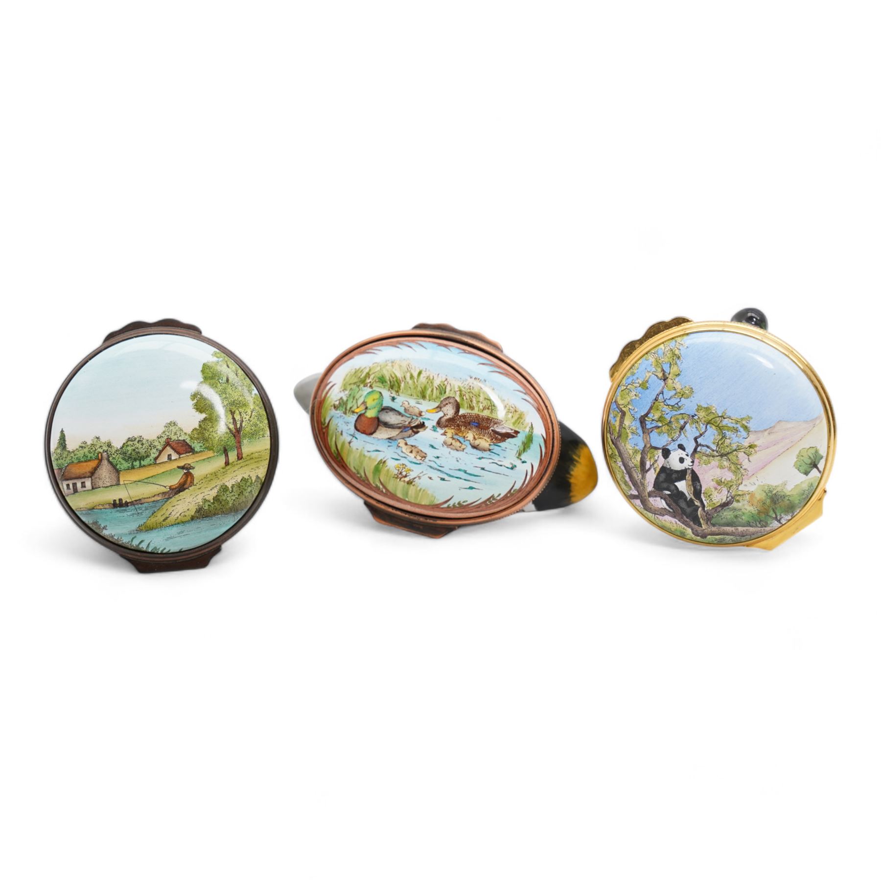 Three Halcyon Days enamel bonbonnieres comprising a mallard, panda and frog, H7cm max (3)