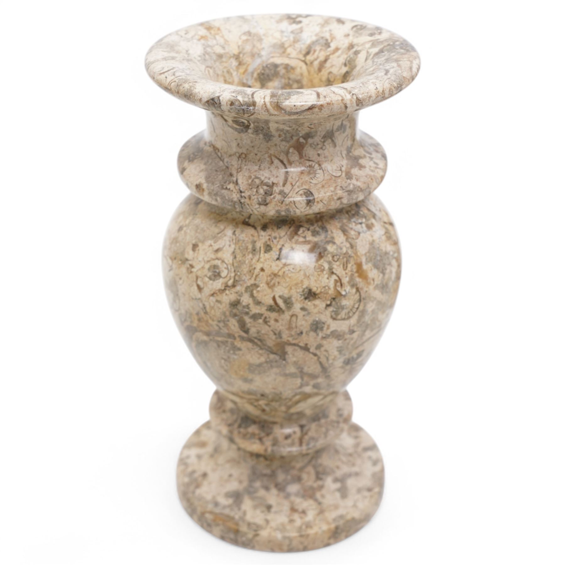 Pair of vases, of baluster form upon a stepped foot, with shell inclusions within the limestone, H15cm  