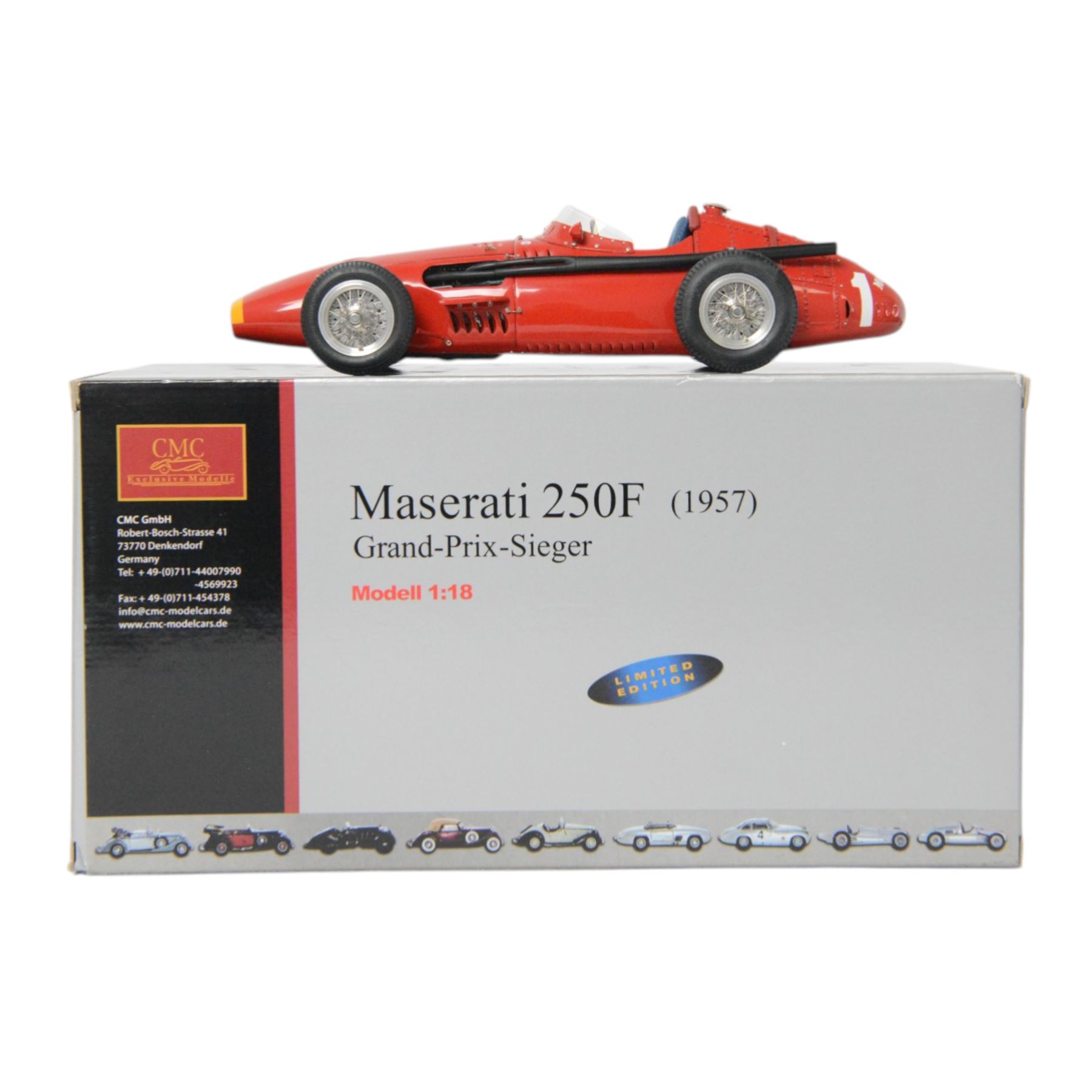 CMC 1:18 scale diecast model car no.M064 Maserati 250F 1957 Grand Prix Sieger racing no. 1 in red, boxed
