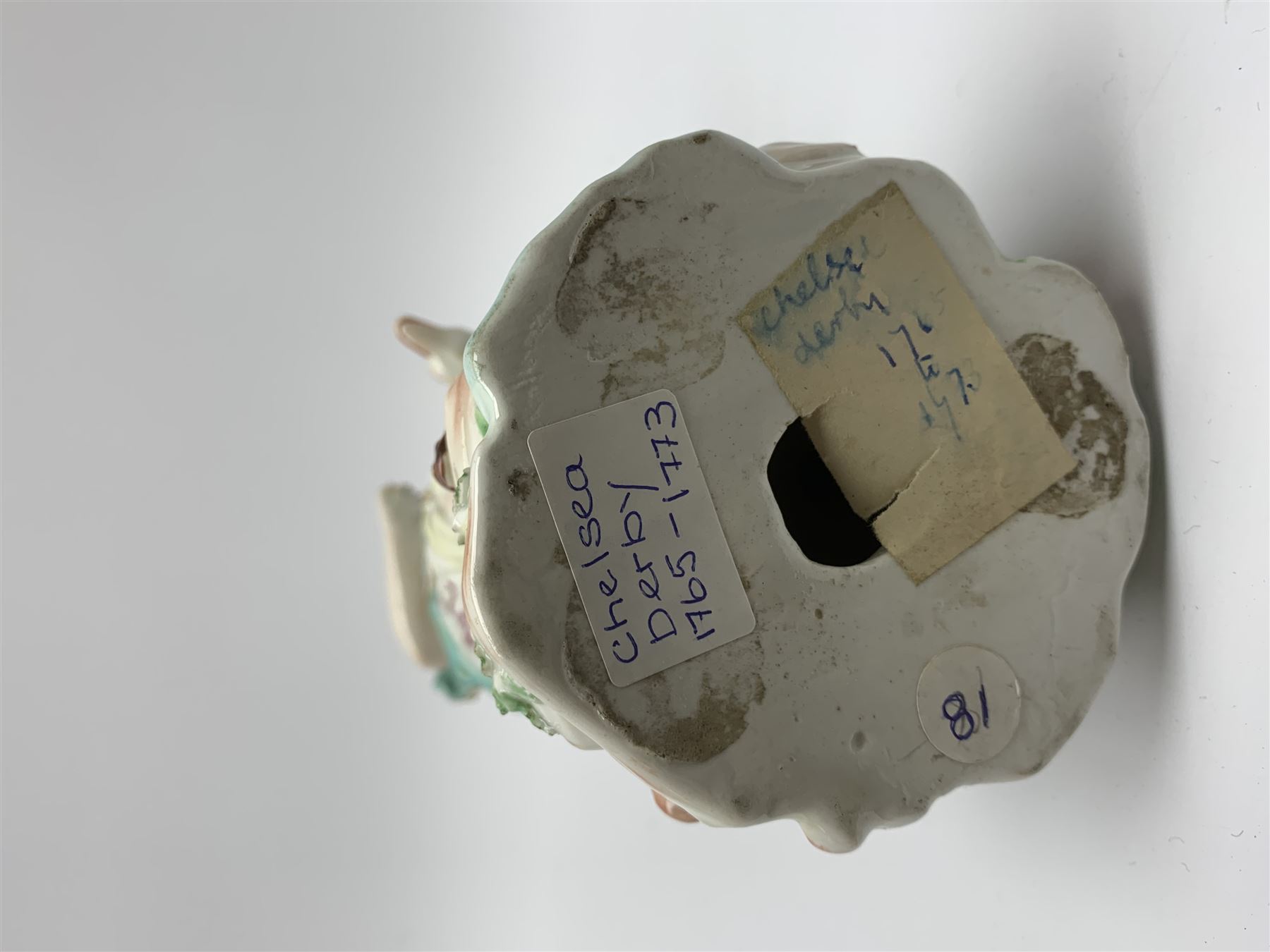 Mid 18th century Derby porcelain figure modelled as Dianna the Huntress, with quiver of arrows upon her back and dog by her side, upon a naturalistically modelled base, with patch marks beneath and collectors labels, H26cm