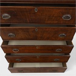 George III mahogany chest on chest, moulded cornice over two short over two long drawers with figured mahogany veneers, lower section fitted with three further long drawers, oval brass plate handles and escutcheons, on shaped bracket feet