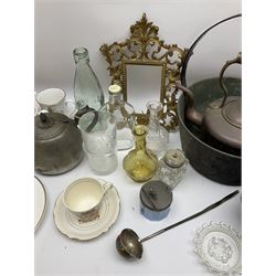 Ornate gilt photo frame, jam pan, toddy ladle, telescope, commemorative ware ceramics, vinyl records, other glassware and metalware etc