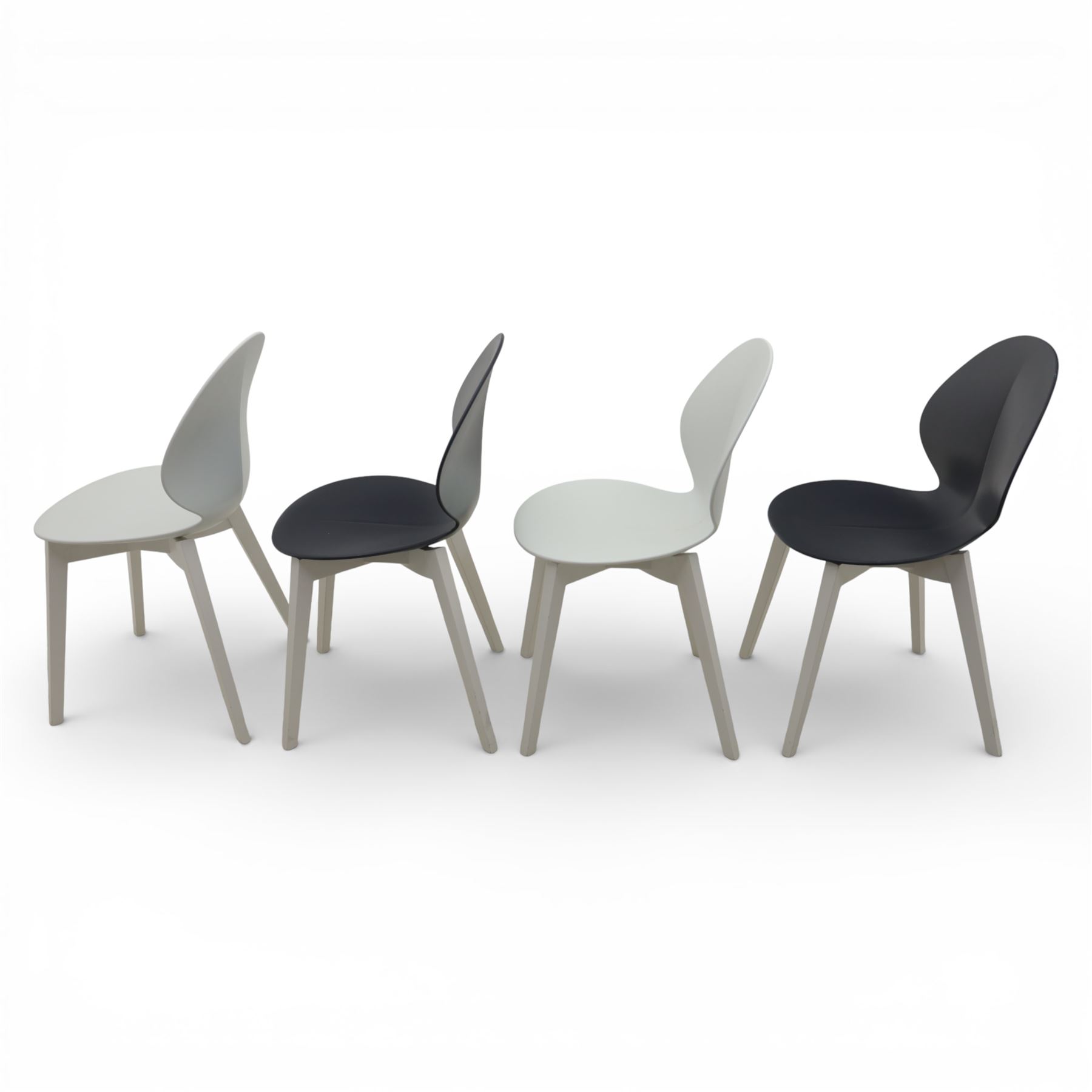 Calligaris - Connubia dining suite, comprising a 'Zeffiro' glass extending dining table and eight 'Academy' chairs, rectangular clear glass top with twin extension leaves extending to 220cm, mounted on white and ochre metal supports with central stretcher, together with eight matching moulded dining chairs with shaped seats and tapered legs