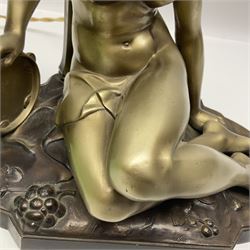 Art Deco style bronzed and gilded spelter figural table lamp with green Uranium glass shade; H48cm, another table lamp; and a bisque group