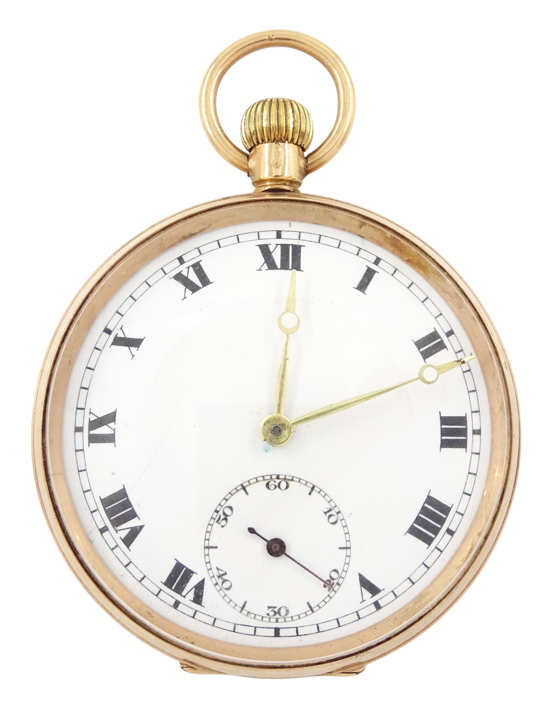 Early 20th century 9ct gold open face keyless lever pocket watch, white enamel dial with Roman numeral hour markers and subsidiary seconds dial, case by 	Stockwell & Co, London import mark 1925